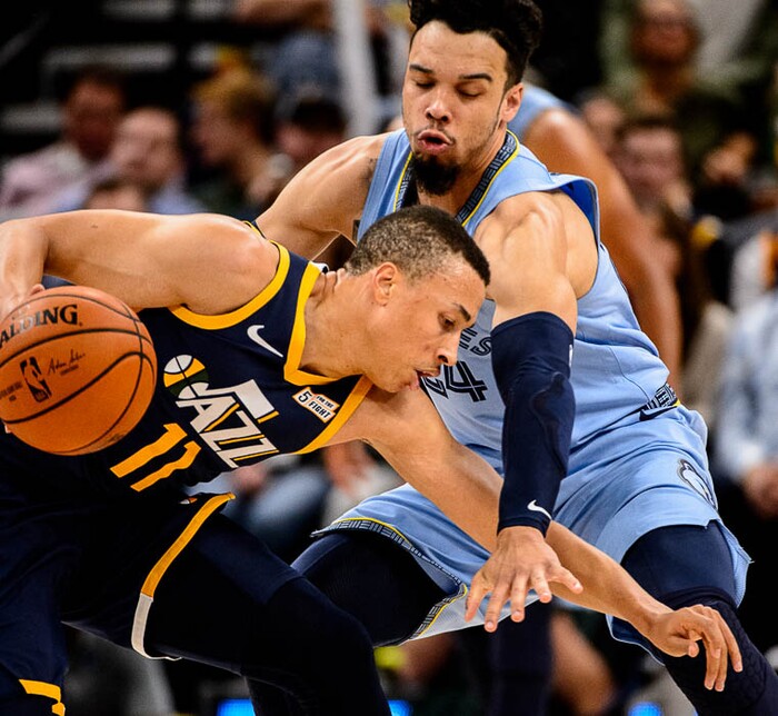 (Trent Nelson | The Salt Lake Tribune)
Utah Jazz guard Dante Exum (11) defended by Memphis Grizzlies guard Dillon Brooks (24). Utah Jazz vs Memphis Grizzlies, NBA basketball in Salt Lake City on Friday Nov. 2, 2018.