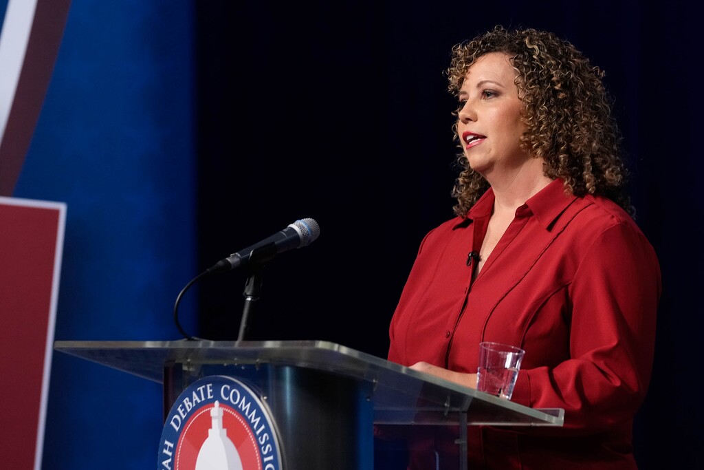 (Francisco Kjolseth | The Salt Lake Tribune) Candidate Celeste Maloy answers a question during a debate at the KUED studios on the University of Utah campus on Thursday, Oct. 26, 2023. Shortly after the Jan. 6 Capitol attack, Maloy, a Republican, blamed Trump supporters for the riot.