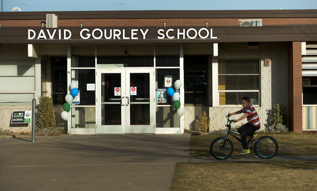 (Leah Hogsten  |  The Salt Lake Tribune) David Gourley Elementary School student Baiden Pidgeon rides his bike after school, Tuesday, March 13, 2018. Smiths Food & Drug has helped open a food pantry at David Gourley Elementary School in Kearns, where 80 percent of the 646 students qualify for free or reduced lunches.