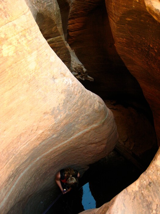 (Rhys Evans | Courtesy photo)
A canyoneer on the first rappel into Keyhole Canyon in Zion National Park.