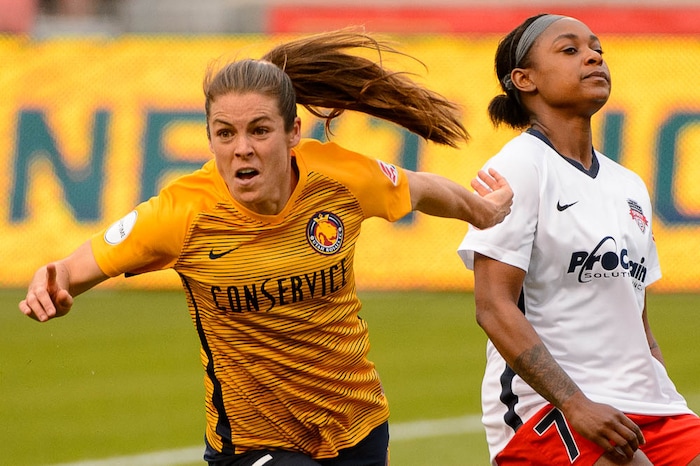 (Trent Nelson | The Salt Lake Tribune)
Utah Royals vs. Washington Spirit, soccer at Rio Tinto Stadium in Sandy, Saturday May 5, 2018. Utah Royals FC defender Kelley O'Hara (5) scores a goal. Defending is Washington Spirit midfielder Taylor Smith (7).