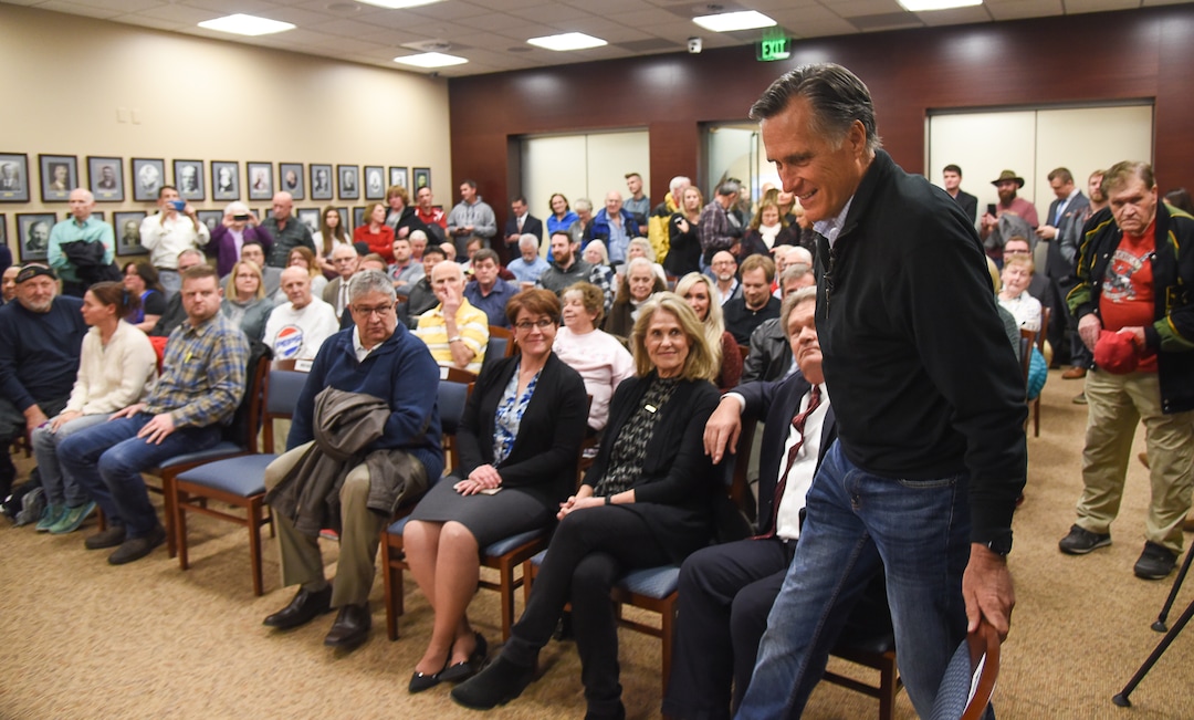 (Francisco Kjolseth  |  The Salt Lake Tribune)  U.S. Senator Mitt Romney arrives for his town hall meeting at the Davis County administration building, Tuesday, January 22, 2019, to hear from local residents.