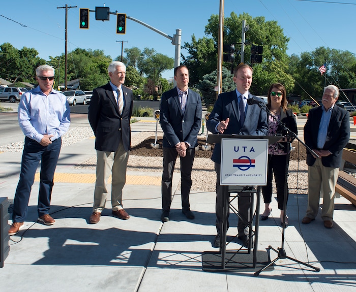 (Rick Egan  |  The Salt Lake Tribune)     Salt Lake County Mayor Ben McAdams, says a few words as South Salt Lake Mayor Cherie Wood, UTA’s Interim Executive Director Steve Meyer, WFRC Executive Director Andrew Gruber, Mark Isaac, Principal, Pinyon8 Consulting LLC and South Salt Lake City Council members met together to break ground on construction of UTA’s S-Line double track project, on 300 East and 2233 South, Monday, June 11, 2018.