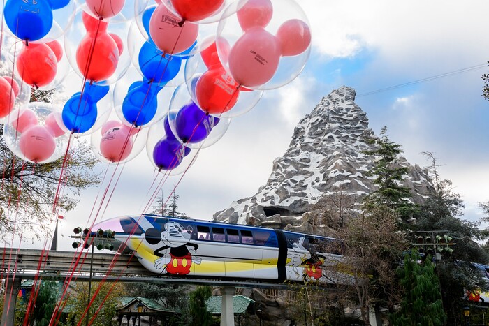 (Photo courtesy Richard Harbaugh/Disneyland Resort) The blue monorail at Disneyland dons a new celebratory and colorful design in honor of Get Your Ears On - A Mickey and Minnie Celebration.