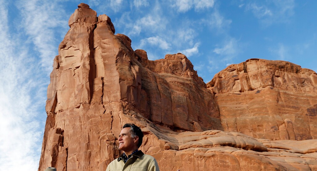 This Saturday, March 3, 2018, photo, Mitt Romney during a tour of Arches National Park, near Moab, Utah. The former Republican presidential nominee continues his bid to become a U.S. Senator for Utah. (AP Photo/Rick Bowmer)