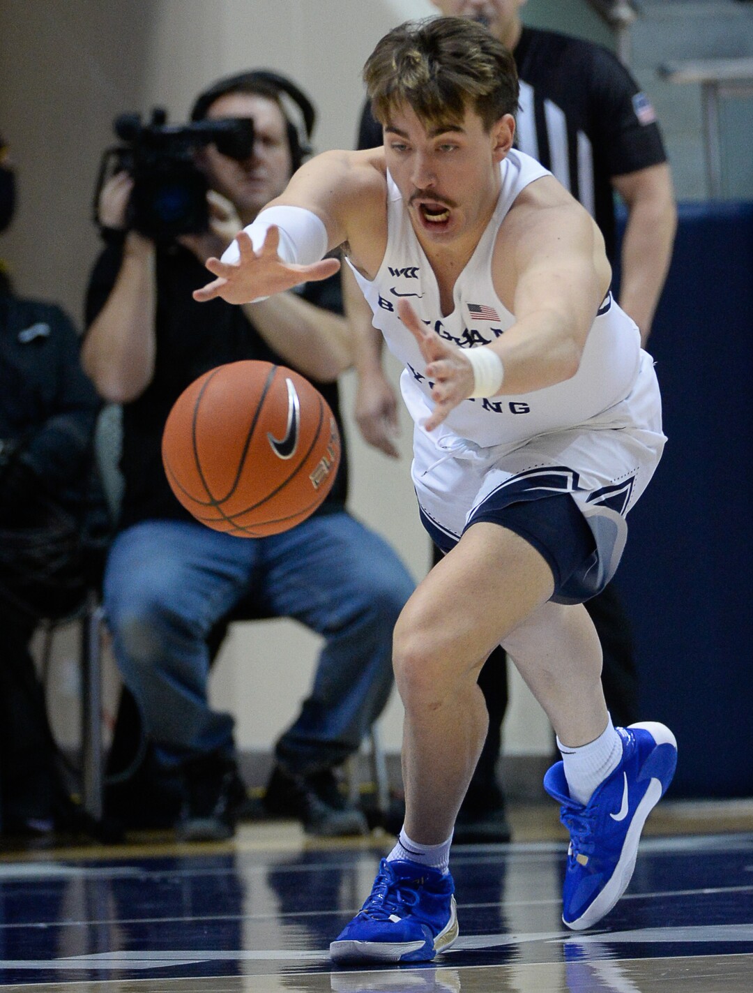 (Francisco Kjolseth  |  The Salt Lake Tribune) Brigham Young Cougars guard Zac Seljaas (2) chases down a ball in the first half as the Brigham Young Cougars host the Santa Clara Broncos at the Marriott Center in Provo, Thursday, Feb. 20, 2020.