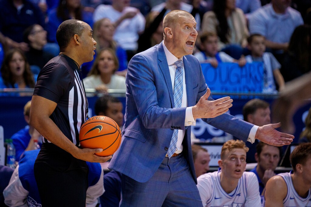 (Trent Nelson  |  The Salt Lake Tribune) BYU coach Mark Pope reacts to a foul as BYU hosts Gonzaga, NCAA basketball in Provo on Thursday, Jan. 12, 2023.
