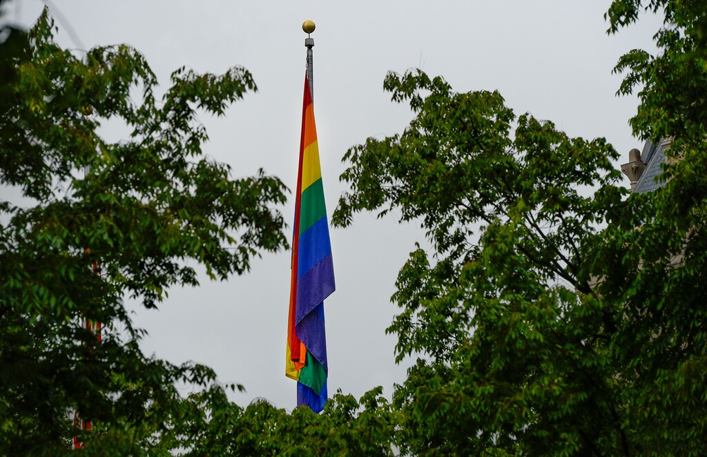 (Francisco Kjolseth  |  Tribune file photo)  The Pride flag is raised at the Salt Lake City and County Building on Tuesday, May 28, 2019, for the start of Pride Week festivities.