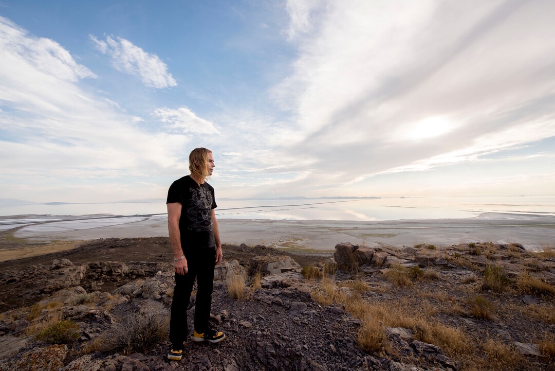 (photo courtesy Chris Federer)  Gabriel Blackhelm looks towards the Spiral Jetty from the site of the Promontory Point Resources landfill  site.