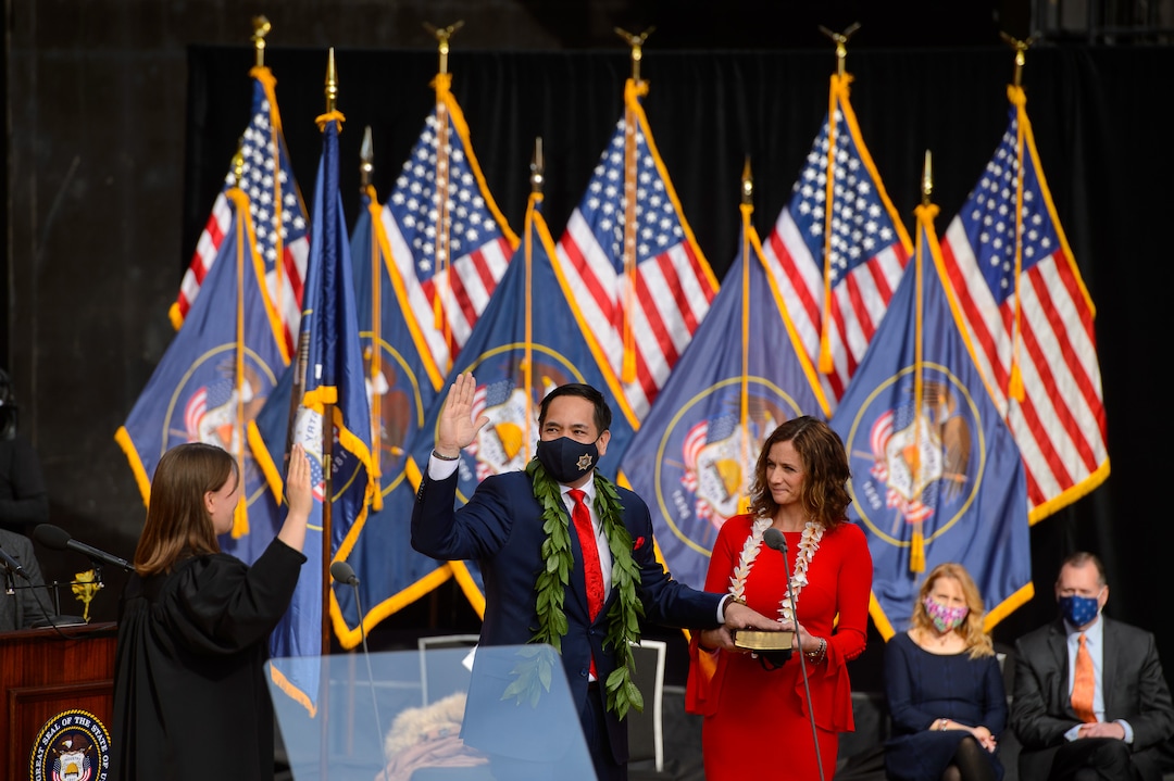 (Trent Nelson  |  The Salt Lake Tribune) Utah Attorney General Sean Reyes is sworn in for another term by Utah Supreme Court Justice Paige Peterson at Tuacahn Center for the Arts in Ivins on Monday, Jan. 4, 2021. At right is Saysha Reyes.