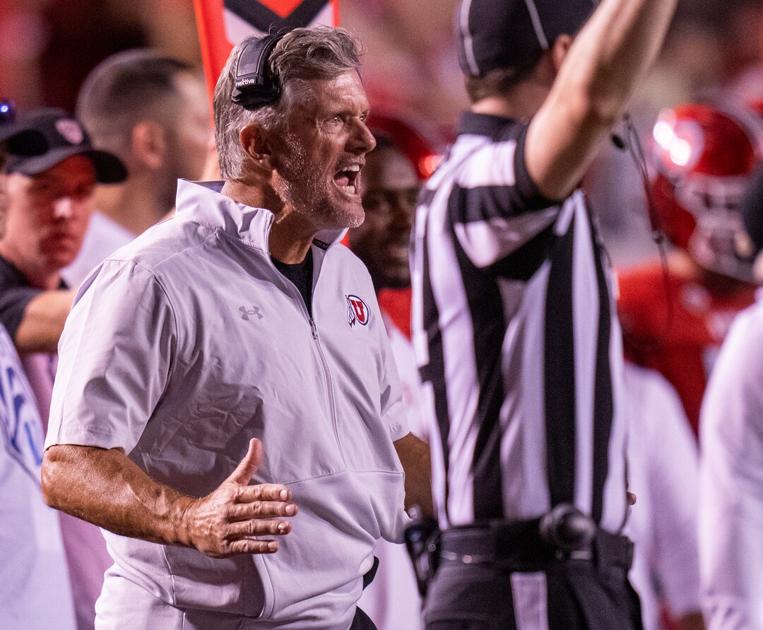 (Rick Egan | The Salt Lake Tribune) Utah head coach Kyle Whittingham reacts as he watches a play, that resulted in Florida being penalized for an illegal formation, in football action between the Utah Utes and the Florida Gators. At Rice-Eccles Stadium, on Thursday, Aug. 31, 2023.