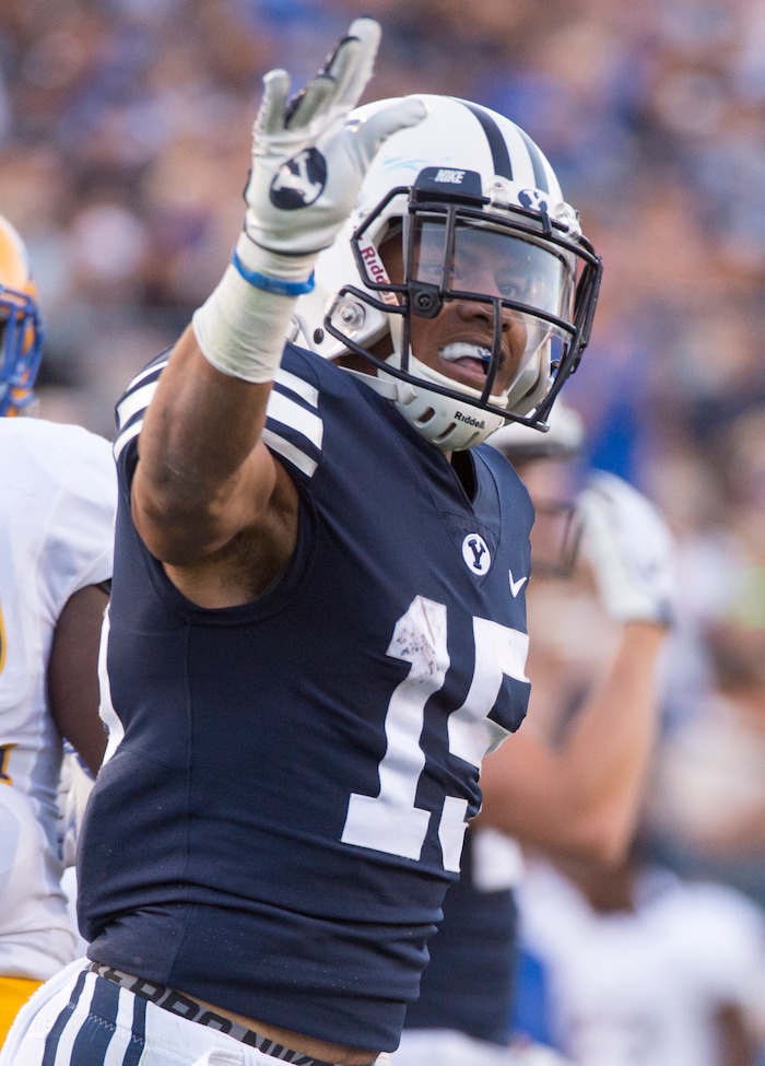 (Rick Egan  |  The Salt Lake Tribune)    Brigham Young Cougars wide receiver Aleva Hifo (15) celebrates a big run, in football action Brigham Young Cougars vs McNeese State Cowboys at Lavell Edwards Stadium, Saturday, Sept. 22, 2018.


