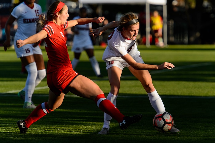 (Trent Nelson | The Salt Lake Tribune) Utah's Ireland Dunn (21) and Stanford's Tierna Davidson (10) as the University of Utah hosts Stanford, NCAA Women's Soccer in Salt Lake City Thursday October 5, 2017.