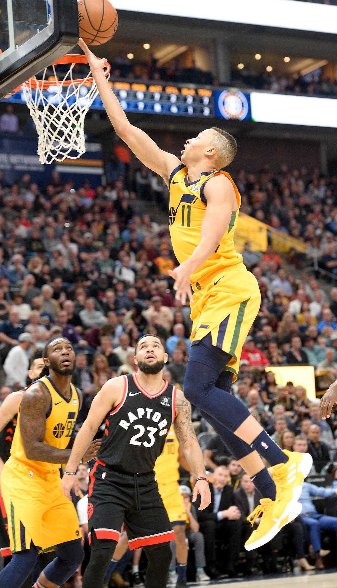 Leah Hogsten  |  The Salt Lake Tribune Utah Jazz guard Dante Exum (11) for two as the Utah Jazz host the Toronto Raptors, Monday, Nov. 5, 2018 at  Vivint Smart Home Arena.