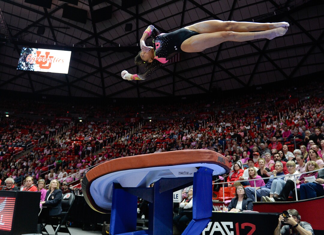(Francisco Kjolseth  |  The Salt Lake Tribune) Kim Tessen scores a perfect 10 on the vault as the fourth-ranked University of Utah Red Rocks gymnastics team host Stanford, Friday, March 6, 2020, at the Jon M. Huntsman Center in Salt Lake City.