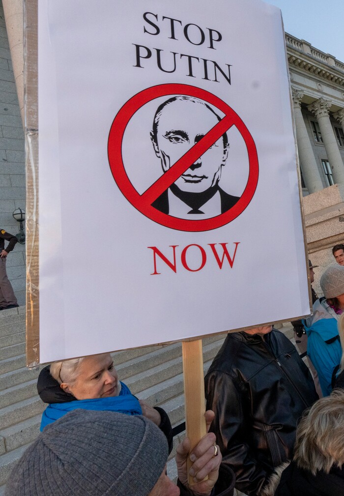 (Rick Egan | The Salt Lake Tribune) Hundreds of protesters for a rally in support of Ukraine, on Monday, Feb. 28, 2022.