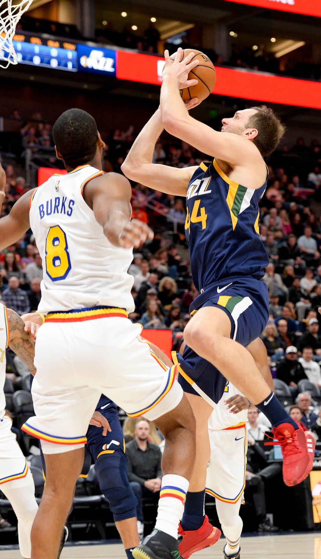(Leah Hogsten  |  The Salt Lake Tribune) Utah Jazz forward Bojan Bogdanovic (44) drives to the net as the Utah Jazz host the Golden State Warriors, Dec. 13, 2019 at Vivint Arena.