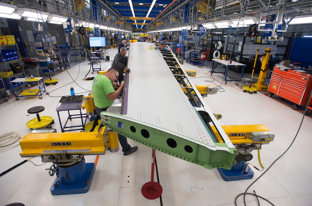 Steve Griffin | The Salt Lake Tribune
Mechanics work on a vertical fin assembly for a Boeing 787 Dreamliner at Boeing in Salt Lake City, Thursday, September 3, 2015.