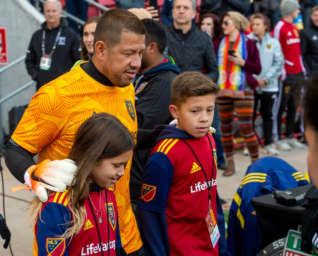 (Rick Egan  |  The Salt Lake Tribune)      Real Salt Lake goalkeeper Nick Rimando (18) enters the field with his kids Benny and Jet Rimando for his last game for Real Salt Lake, between Real Salt Lake and Houston Dynamo, at Rio Tinto Stadium, Sunday, Sept. 29, 2019.