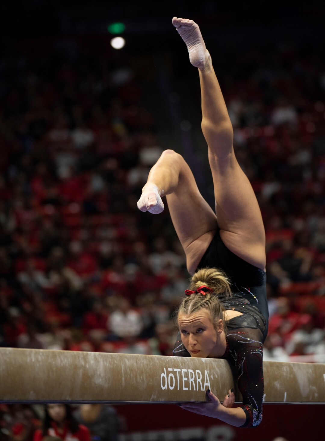 (Rick Egan | The Salt Lake Tribune)  Abby Paulson competes on the beam, in gymnastics action between Utah Red Rocks and Oregon State, at the Jon M. Huntsman Center, on Friday, Feb. 2, 2024.