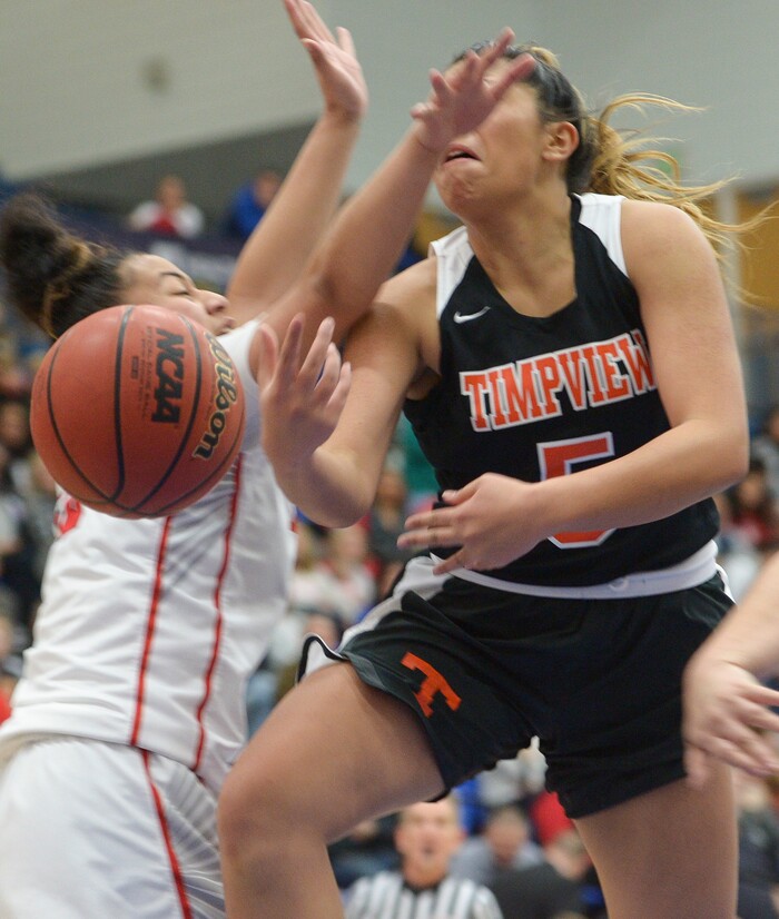 (Leah Hogsten  |  The Salt Lake Tribune)  East's Nicole Peterson (05) drives to the bucket. East defeated Timpview 68-48 to win the the 5A High School Girls' Basketball Tournament title at SLCC in Taylorsville, Saturday, Feb. 24, 2018. 
