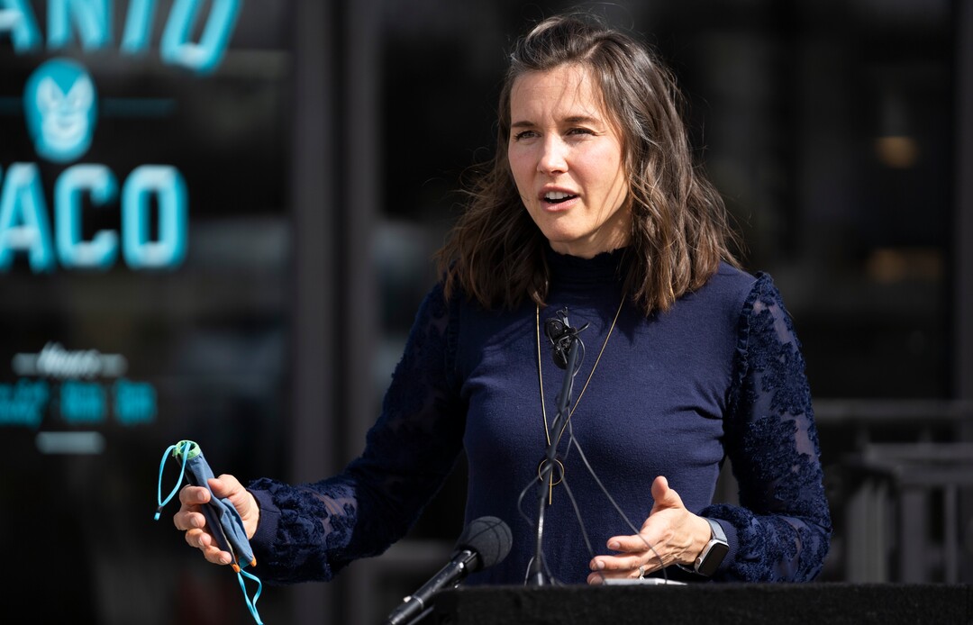 (Rick Egan | The Salt Lake Tribune) Salt Lake City Mayor Erin Mendenhall  encourages citizens to keep wearing masks, after the state mask mandate ends, during a news conference in front of  Santo Taco shop, Friday, March 19, 2021.