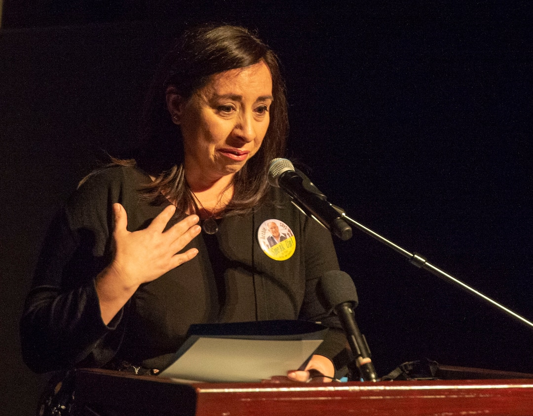 (Rick Egan  |  The Salt Lake Tribune)      Rep. Angela Romero, speaks at the memorial service for Robert "Archie" Archuleta, at the Rose Wagner Theatre, Saturday, March 2, 2019.