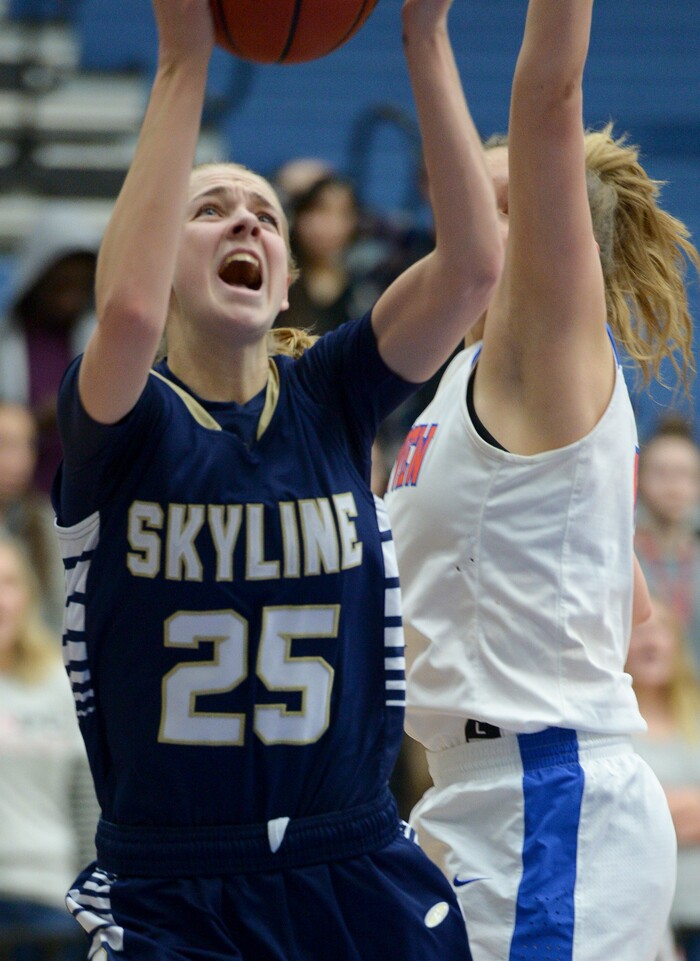 (Leah Hogsten  |  The Salt Lake Tribune) Skyline's Madison Grange (25) for two.  Timpview faces Skyline in their semifinal game of the 5A High School Girls' Basketball Tournament at SLCC in Taylorsville, Friday, Feb. 23, 2018. 
