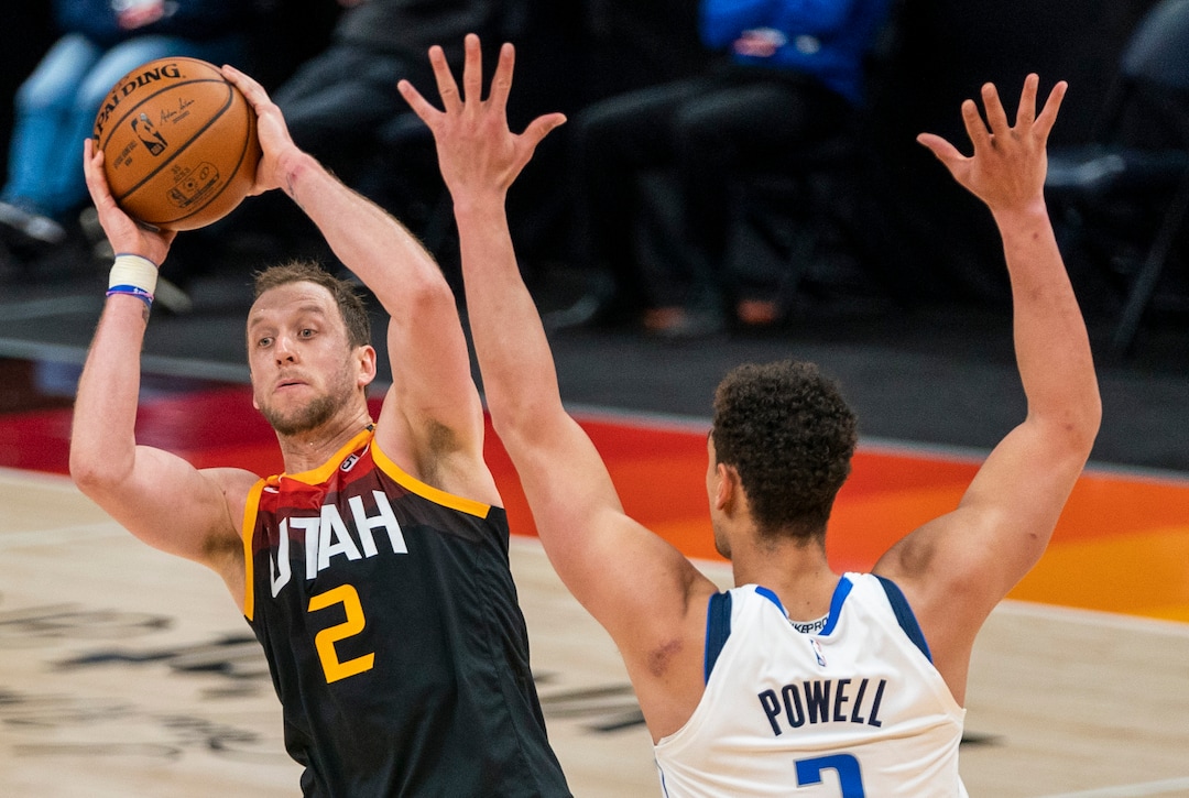(Rick Egan | The Salt Lake Tribune) Dallas Mavericks guard Trey Burke (3) Utah Jazz forward Joe Ingles (2), in NBA action between the Utah Jazz and the Dallas Mavericks at Vivint Arena, on Friday, Jan. 29, 2021.