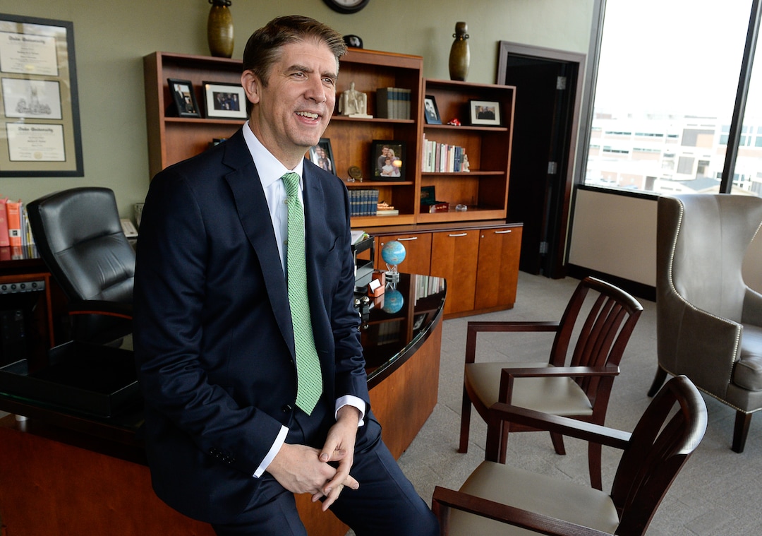 (Francisco Kjolseth  |  The Salt Lake Tribune)  Utah Valley University President Matthew S. Holland announces his calling as an LDS mission president on Monday, Nov. 6, 2017. Holland who is set to leave the UVU in June of 2018, will preside over an English-speaking mission scheduled to be announced later in the year. 