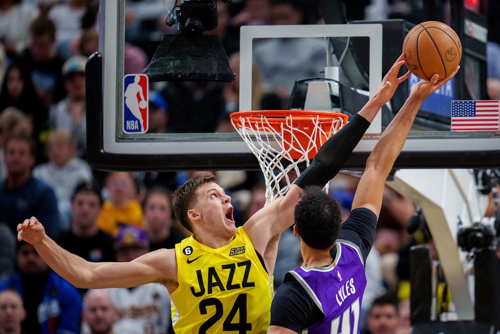 (Trent Nelson  |  The Salt Lake Tribune) Utah Jazz center Walker Kessler (24) blocks a shot by Sacramento Kings forward Trey Lyles (41) as the Utah Jazz host the Sacramento Kings, NBA basketball in Salt Lake City on Monday, March 20, 2023.