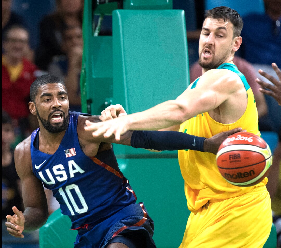 Rick Egan  |  The Salt Lake TribuneAndrew Bogut (6) of Australia guards Kyrie Irving (10) of United States, in Olympic basketball action, USA vs. Australia,  in Rio de Janeiro, Wednesday, August 10, 2016.