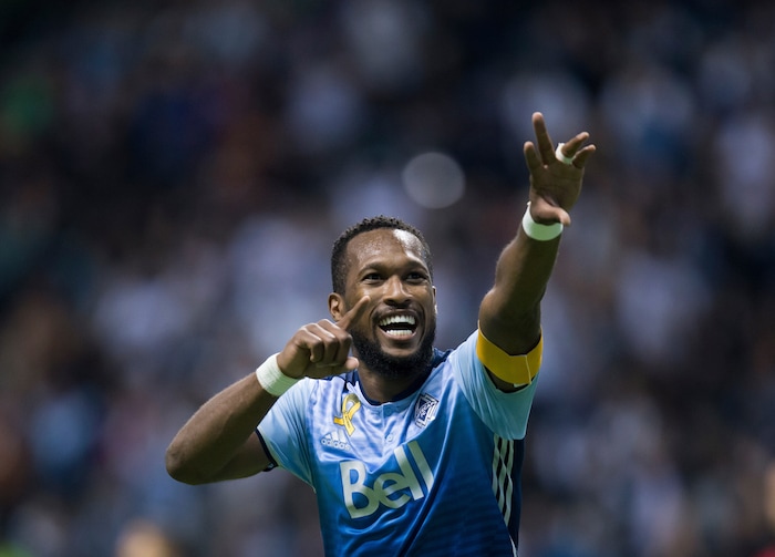Vancouver Whitecaps' Kendall Waston celebrates after scoring against Real Salt Lake during the second half of an MLS soccer match Saturday, Sept. 9, 2017, in Vancouver, British Columbia. (Darryl Dyck/The Canadian Press via AP)