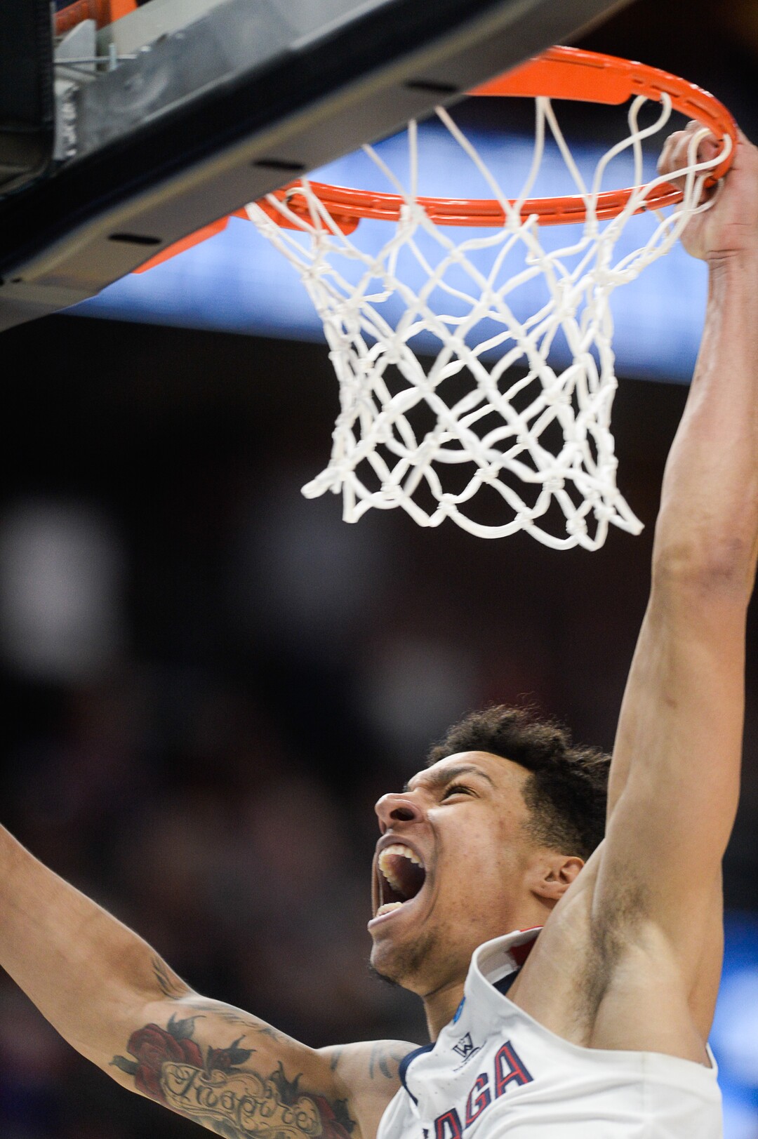(Francisco Kjolseth  |  The Salt Lake Tribune)  Gonzaga Bulldogs forward Brandon Clarke (15) dunks the ball as Gonzaga faces Fairleigh Dickinson in their first round menÕs NCAA March Madness tournament game at Vivint Smart Home Arena in Salt Lake City on Thursday, March 21, 2019.