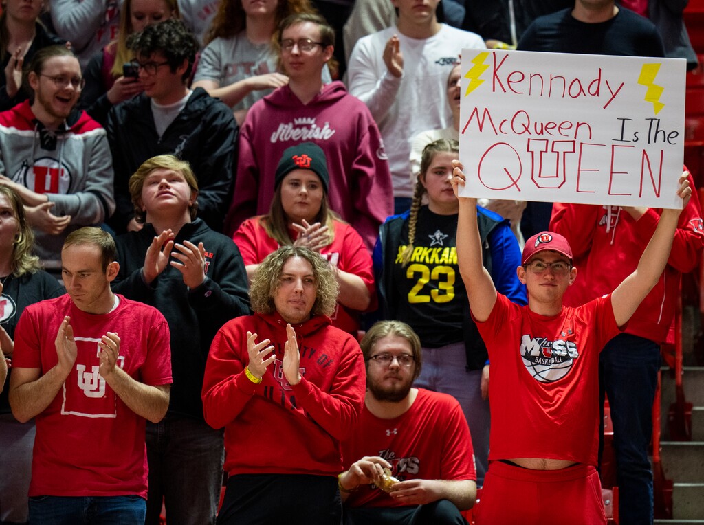 (Rick Egan | The Salt Lake Tribune) Fans cheer on Utah Utes guard Kennady McQueen (24), in PAC-12 women's basketball action between Utah Utes and California Golden Bears, at the Jon M. Jon M. Huntsman Center, Thursday, February. 23, 2022.
