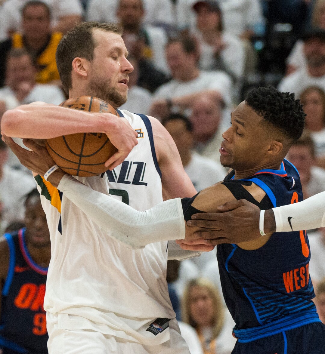 (Rick Egan  |  The Salt Lake Tribune)  Utah Jazz forward Joe Ingles (2) gets mixed up with Oklahoma City Thunder guard Russell Westbrook (0), in game 4, NBA playoff action between Utah Jazz and Oklahoma City Thunder, in Salt Lake City, Monday April 23, 2018.