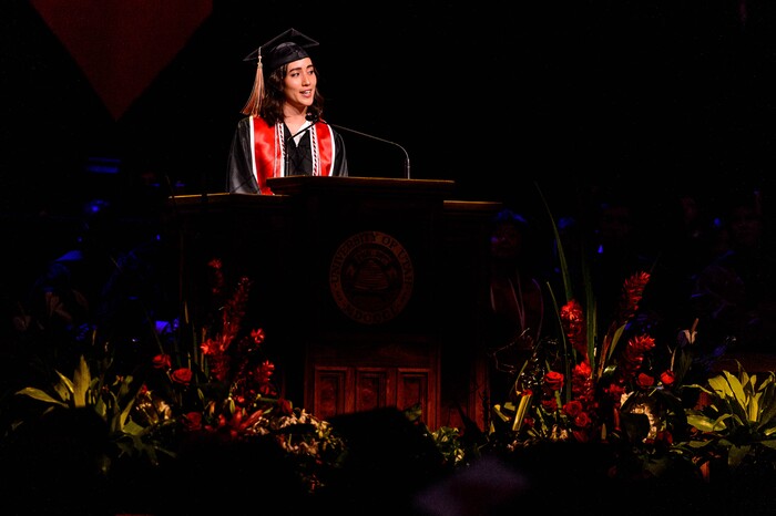 (Trent Nelson | The Salt Lake Tribune)
Alisa Cloward speaks at the University of Utah's commencement ceremony, in Salt Lake City on Thursday May 2, 2019.