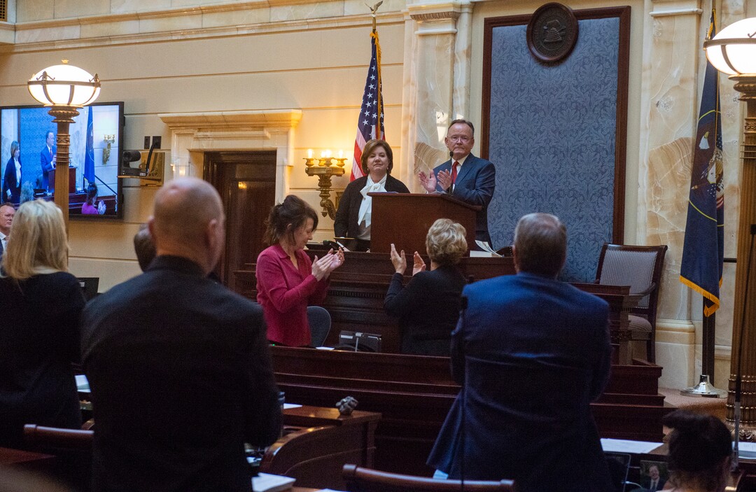 (Rick Egan  |  The Salt Lake Tribune)      New Senate President Stuart Adams conducts business in the Utah State Senate with his wife Susan  by his side, on the first day of the 2019 legislative session at the Utah State Capitol, Monday, Jan. 28, 2019.