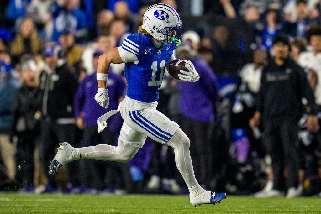 (Trent Nelson | The Salt Lake Tribune) BYU Cougars wide receiver Parker Kingston (11) runs the ball as BYU hosts TCU, NCAA football in Provo on Saturday, Nov. 15, 2025.