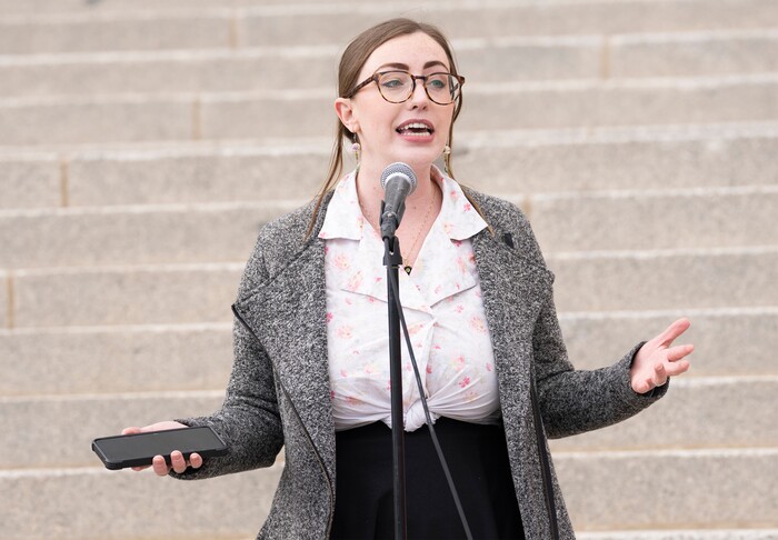 (Rick Egan | The Salt Lake Tribune) Madeline Brenchley speaks at a rally, as more than one thousand protesters gather at the steps of The Capitol for the Bans Off Our Bodies protest hosted by Planned Parenthood, on Tuesday, May 3, 2022.
