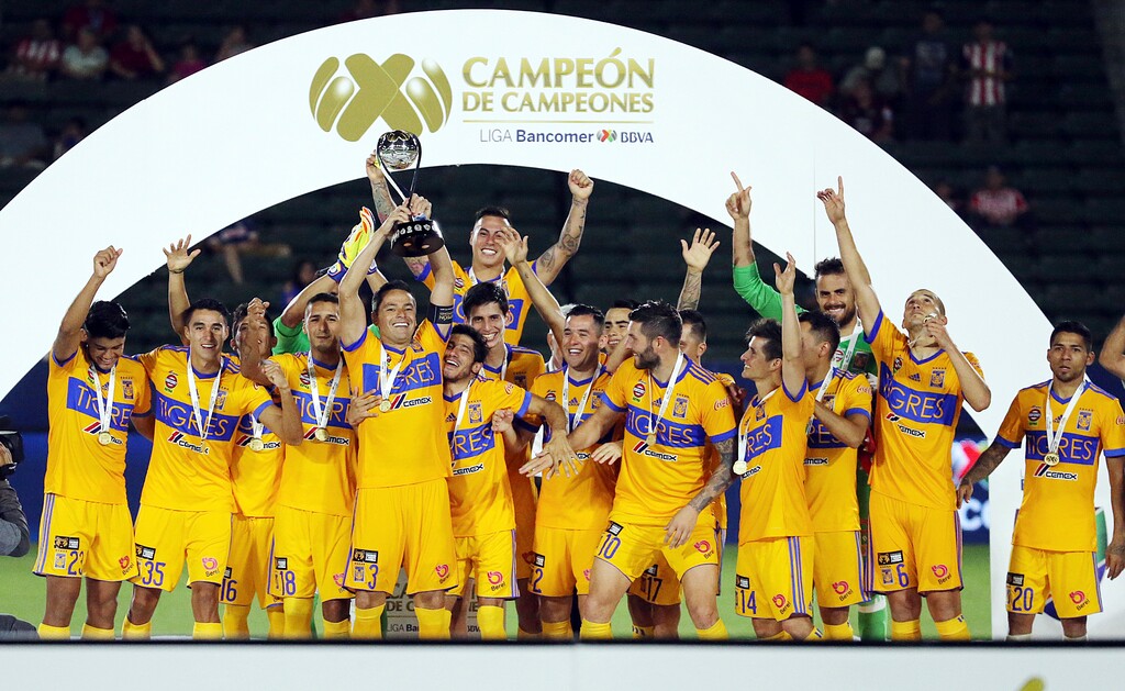 Tigres UANL, shown celebrating their victory over Chivas de Guadalajara in the 2017 Champion of Champions soccer match in Carson, Calif., beat Real Salt Lake 1-0 on Wednesday night in a Leagues Cup match. (AP Photo/Reed Saxon)