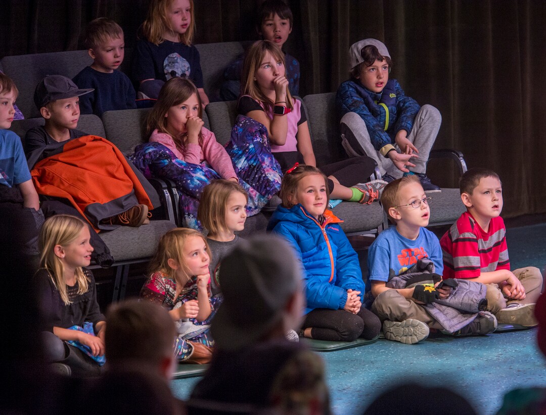 (Leah Hogsten  |  The Salt Lake Tribune) Students from Open Classroom and Park View Elementary watch Salt Lake Acting Company's annual children's show, "The True Story of the 3 Little Pigs," running through Dec. 29.