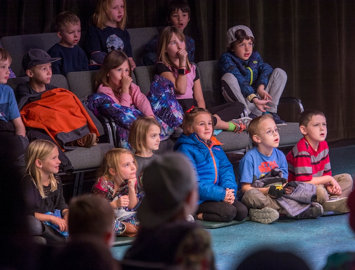 (Leah Hogsten | The Salt Lake Tribune) Students from Open Classroom and Park View Elementary watch Salt Lake Acting Company's annual children's show, "The True Story of the 3 Little Pigs," running through Dec. 29.
