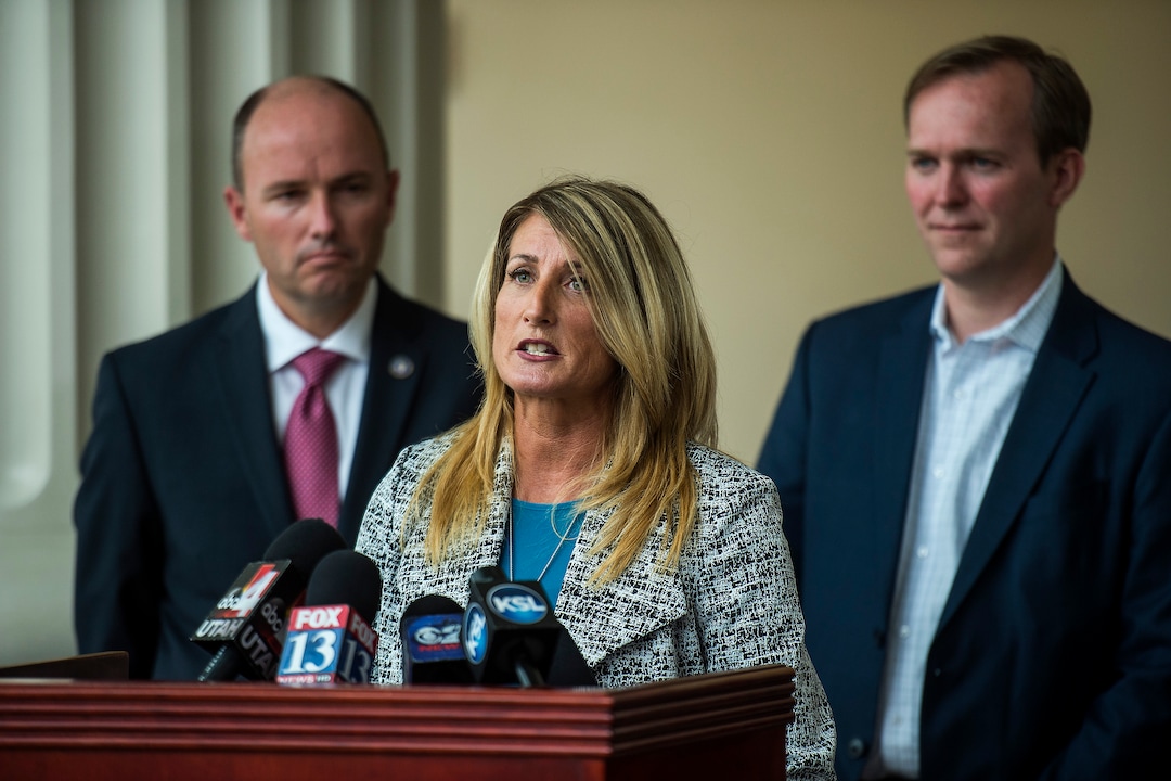 (Chris Detrick  |  The Salt Lake Tribune)  ​Drug​ ​Court Peer​ ​Mentor​ ​Leighann​ ​Marsh speaks during a press conference at Matheson Courthouse Wednesday, September 13, 2017. 