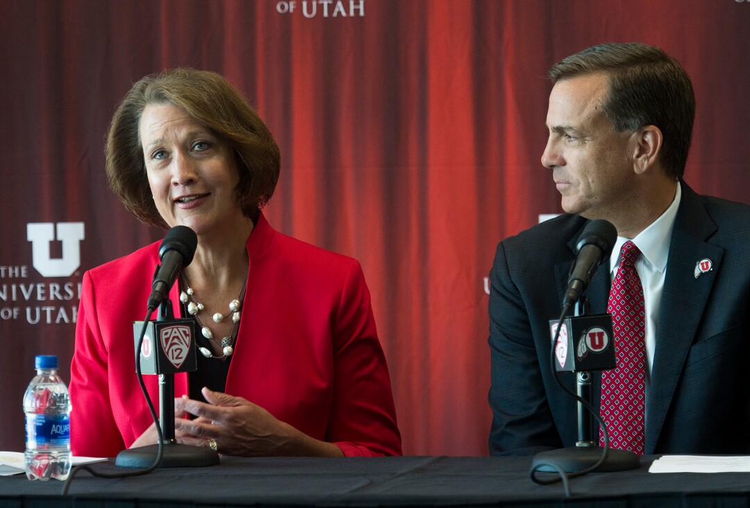 (Rick Egan  |  The Salt Lake Tribune)   University of Utah President Ruth V. Watkins introduces Mark Harlan as the new athletic director, during a news conference at the Rice-Eccles Stadium,  Monday, June 4, 2018.