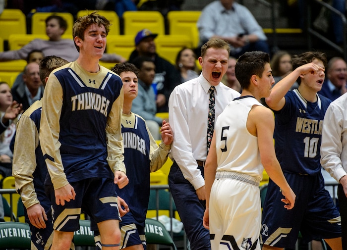 (Steve Griffin | The Salt Lake Tribune) Westlake players jump off the bench as Riverton is forced to call a time-out during 6A basketball playoff game at the Utah Valley UniversityÕs UCCU Center in Provo Tuesday Feb. 27, 2018.
