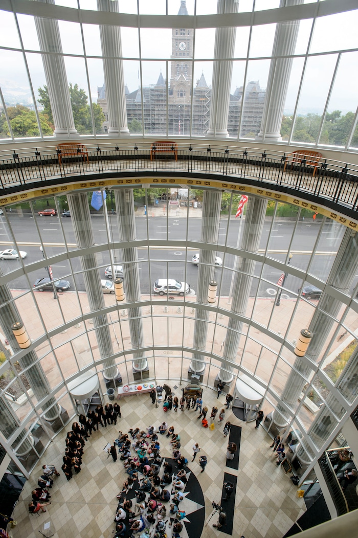 (Steve Griffin  |  The Salt Lake Tribune)  Midvale Middle School children sit in the rotunda of the Matheson Courthouse as the Utah State Courts celebrate Constitution Day in Salt Lake City Friday September 15, 2017.

