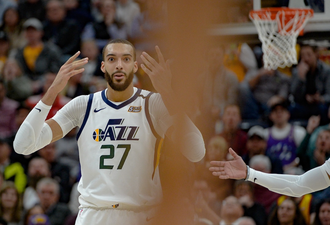 (Francisco Kjolseth  |  The Salt Lake Tribune) Utah Jazz center Rudy Gobert (27) argues a call as the Utah Jazz host the Denver Nuggets in their NBA basketball game at Vivint Smart Home Arena in Salt Lake City on Wednesday, Feb. 5, 2020.