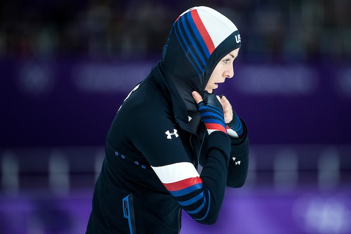 (Chris Detrick  |  The Salt Lake Tribune)  USA's Heather Bergsma gets ready to compete during the Ladies' 500m at the Gangneung Oval during the Pyeongchang 2018 Winter Olympics Sunday, Feb. 18, 2018. Bergsma finished in 11th place with a time of 38.13. 