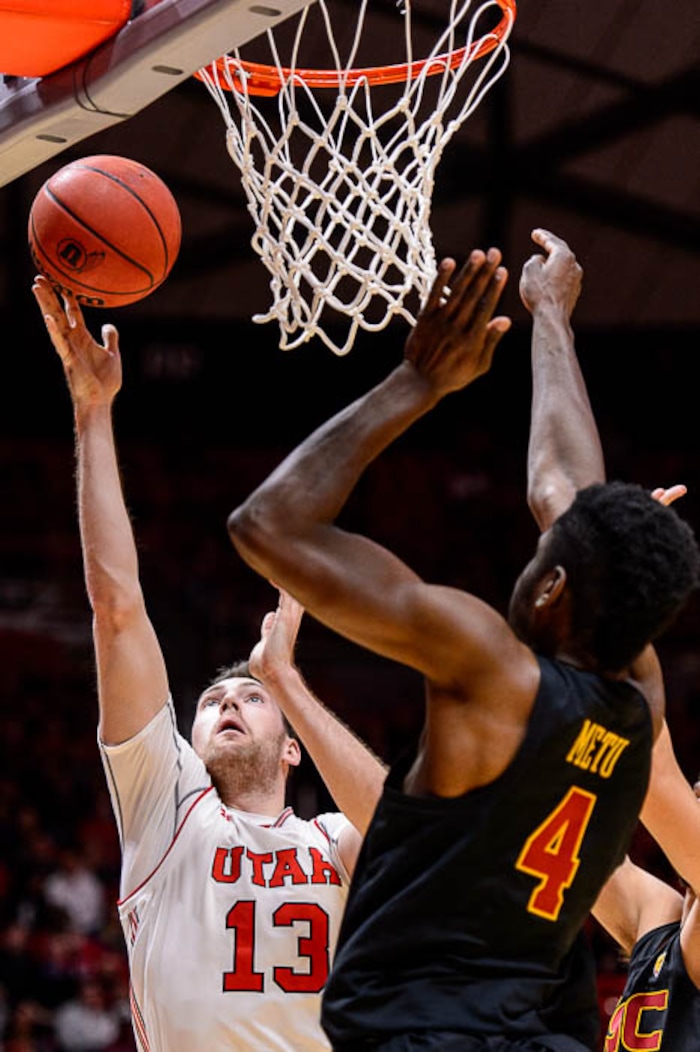 (Trent Nelson | The Salt Lake Tribune)  Utah Utes forward David Collette (13) shoots as the University of Utah hosts USC, NCAA basketball at the Huntsman Center in Salt Lake City, Saturday Feb. 24, 2018.